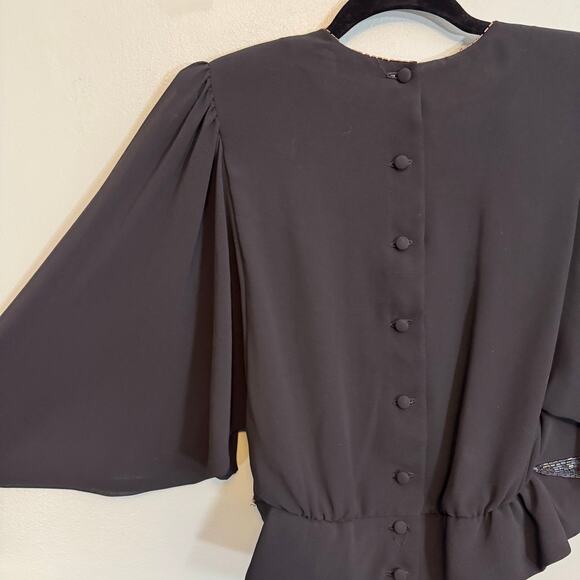 VTG Denise Fashions Blouse M Black Pleated Surplice Sheer Batwing Beaded Hem USA - Picture 3 of 10